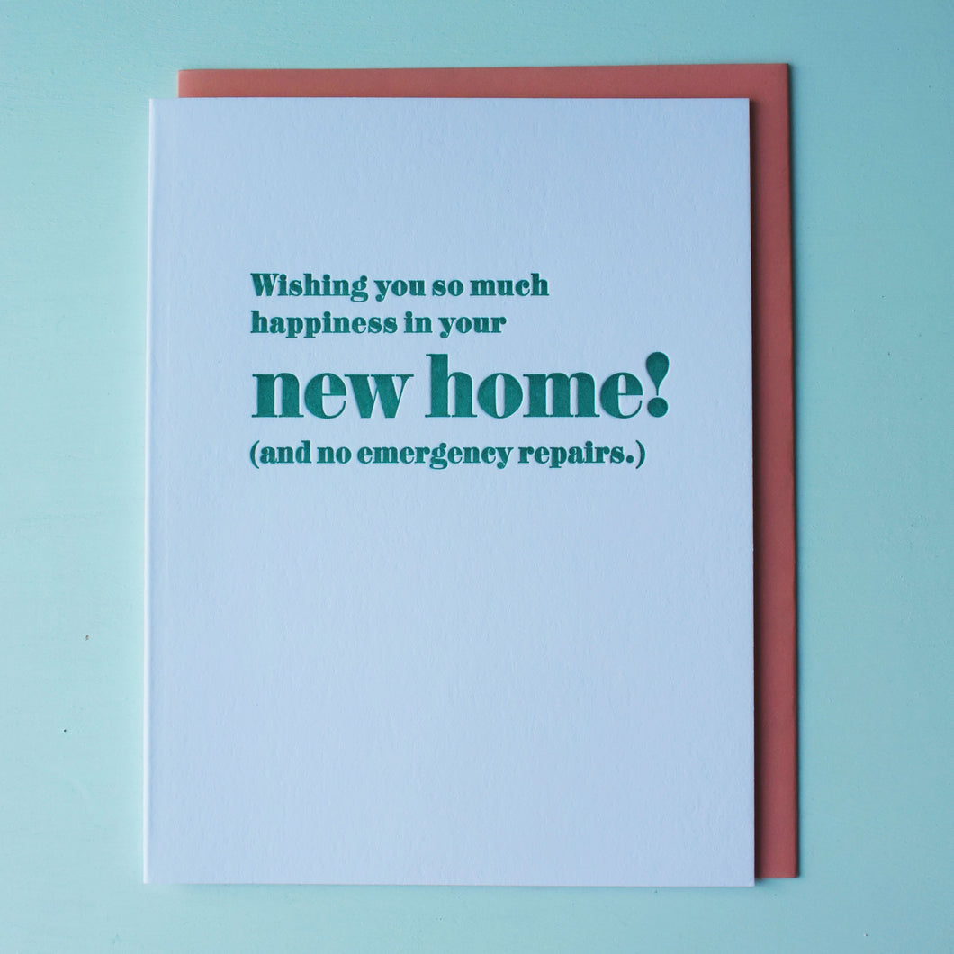 SALE: New Home, No Repairs Housewarming Letterpress Card